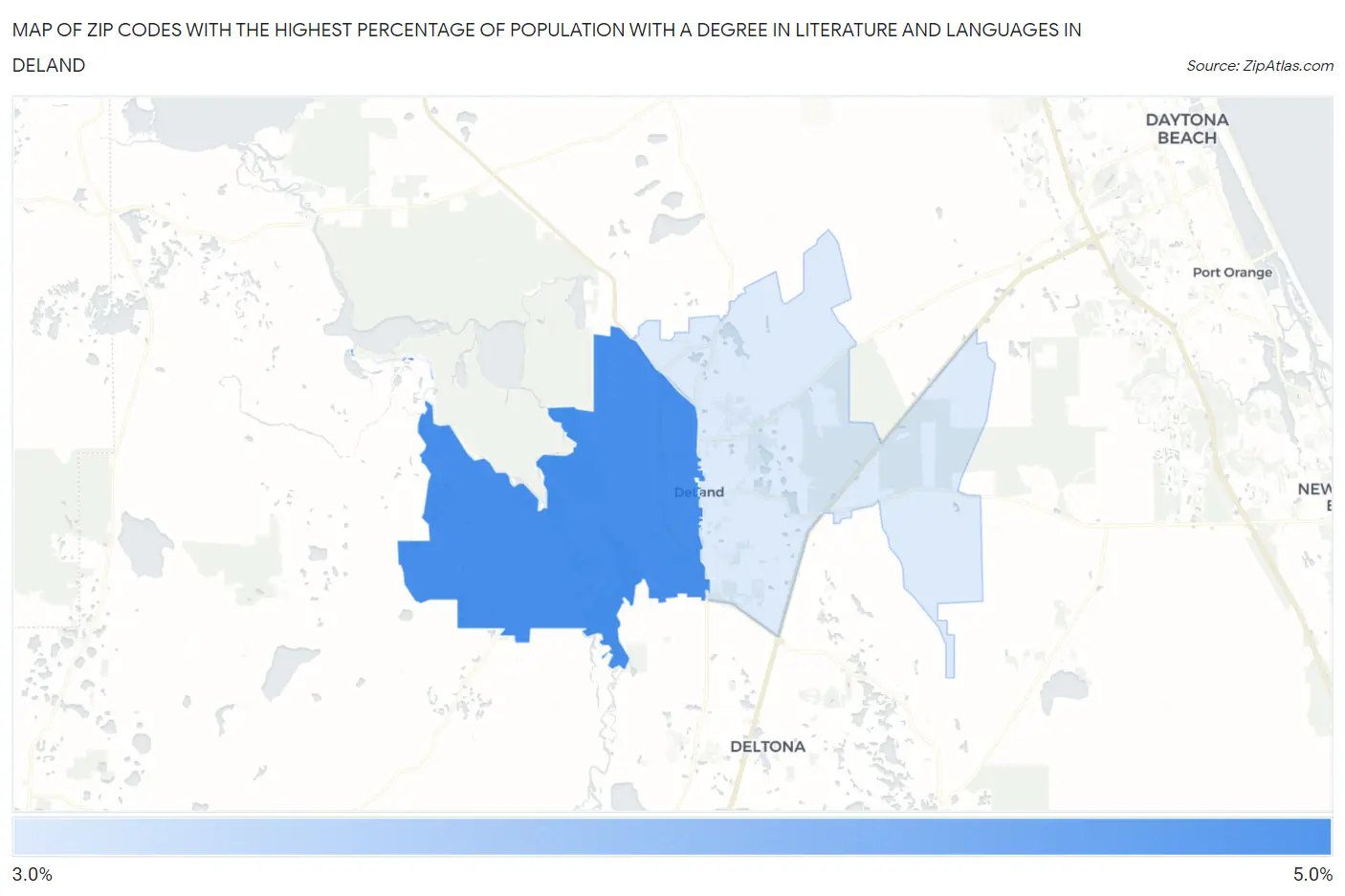 Zip Codes with the Highest Percentage of Population with a Degree in Literature and Languages in Deland Map