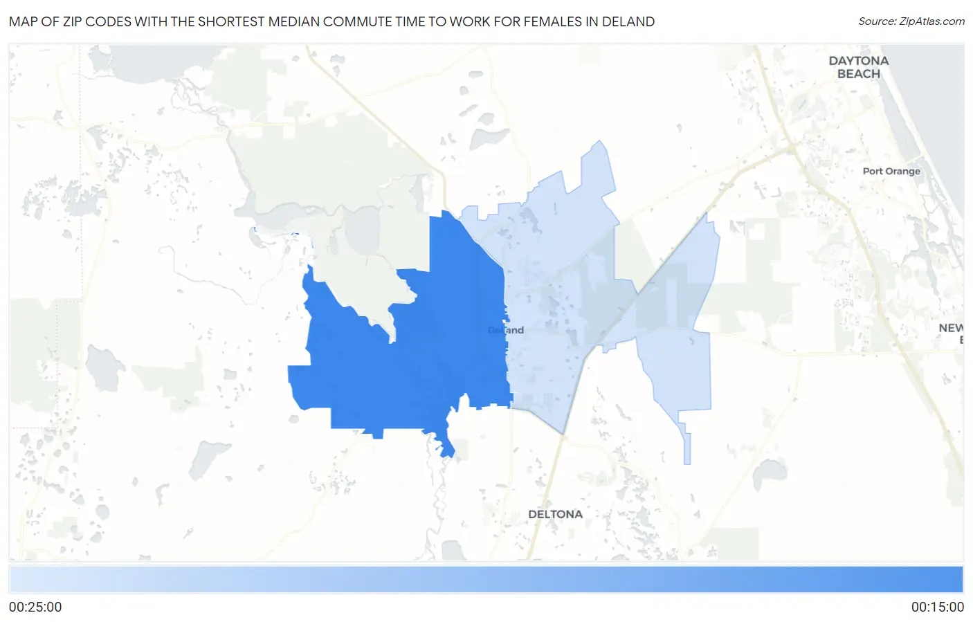 Zip Codes with the Shortest Median Commute Time to Work for Females in Deland Map