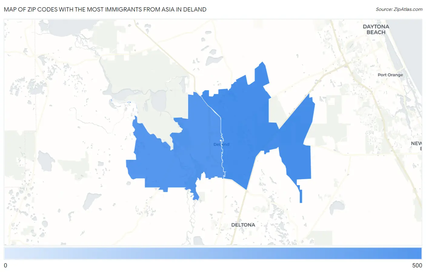Zip Codes with the Most Immigrants from Asia in Deland Map
