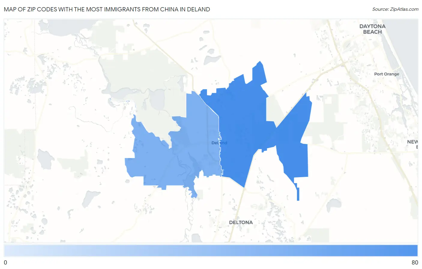 Zip Codes with the Most Immigrants from China in Deland Map