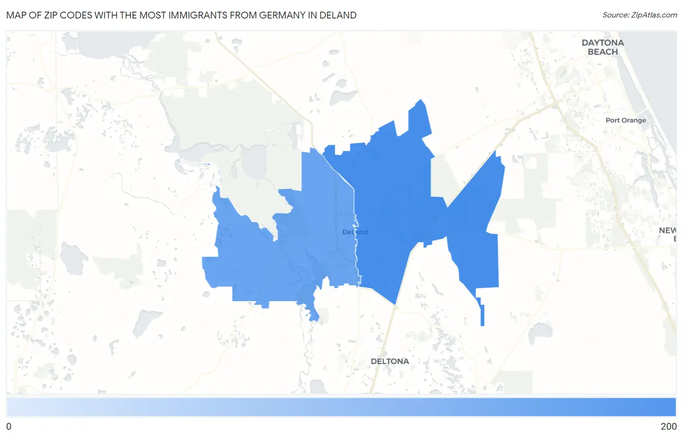 Zip Codes with the Most Immigrants from Germany in Deland Map