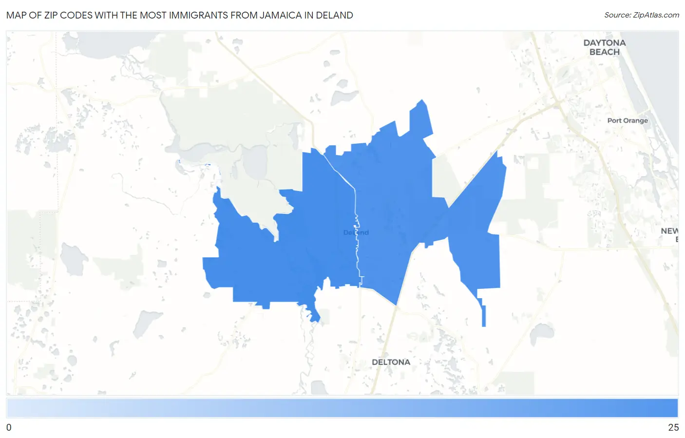Zip Codes with the Most Immigrants from Jamaica in Deland Map