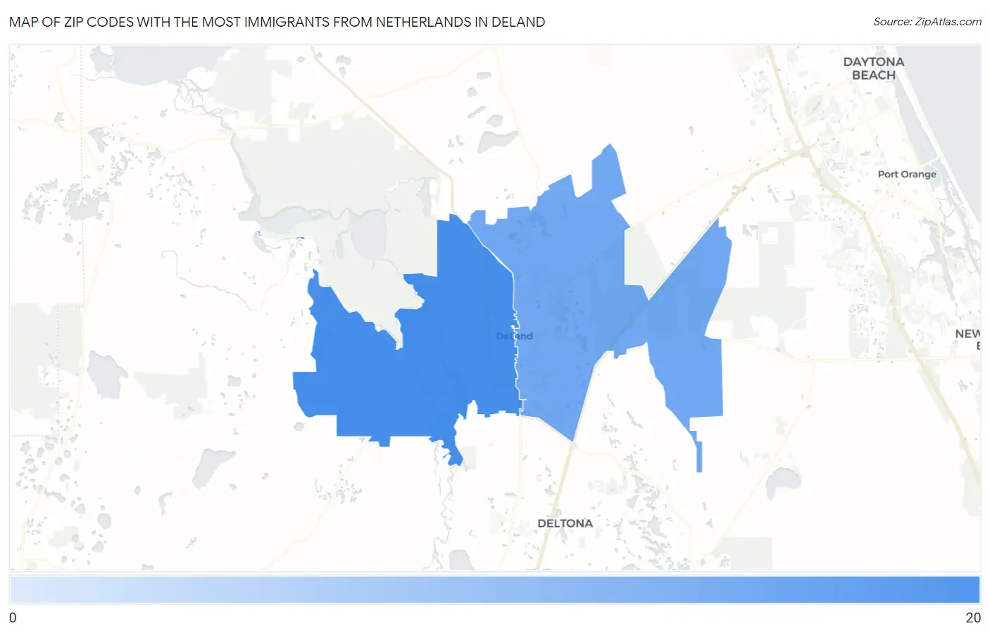 Zip Codes with the Most Immigrants from Netherlands in Deland Map