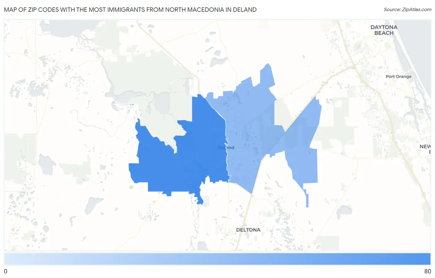 Zip Codes with the Most Immigrants from North Macedonia in Deland Map
