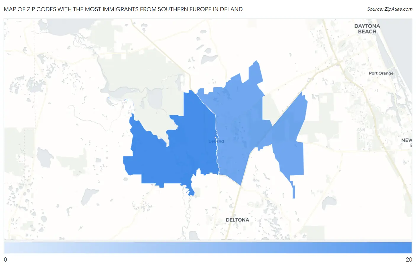 Zip Codes with the Most Immigrants from Southern Europe in Deland Map