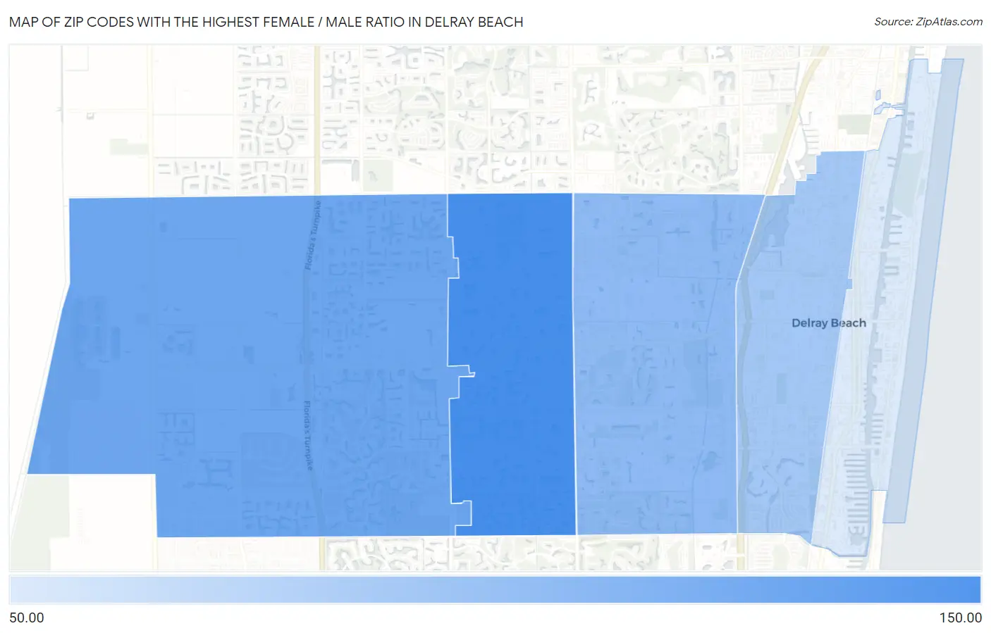 Zip Codes with the Highest Female / Male Ratio in Delray Beach Map