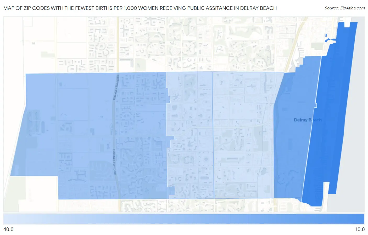 Zip Codes with the Fewest Births per 1,000 Women Receiving Public Assitance in Delray Beach Map