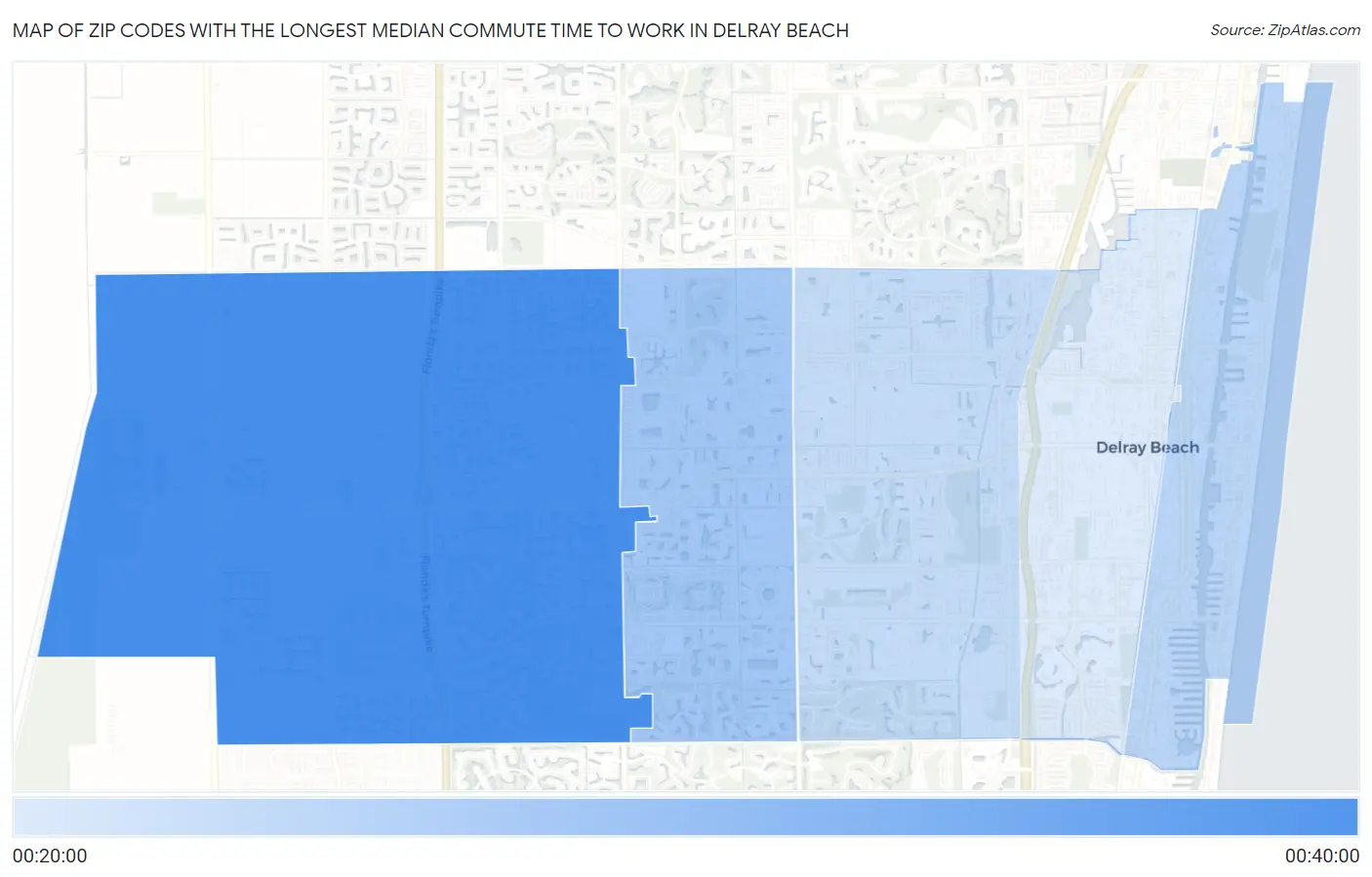 Zip Codes with the Longest Median Commute Time to Work in Delray Beach Map