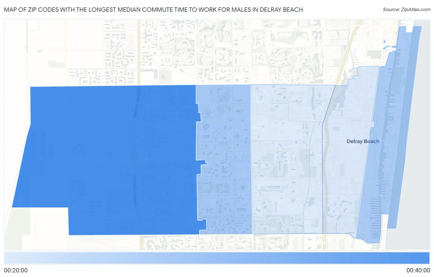 Zip Codes with the Longest Median Commute Time to Work for Males in Delray Beach Map