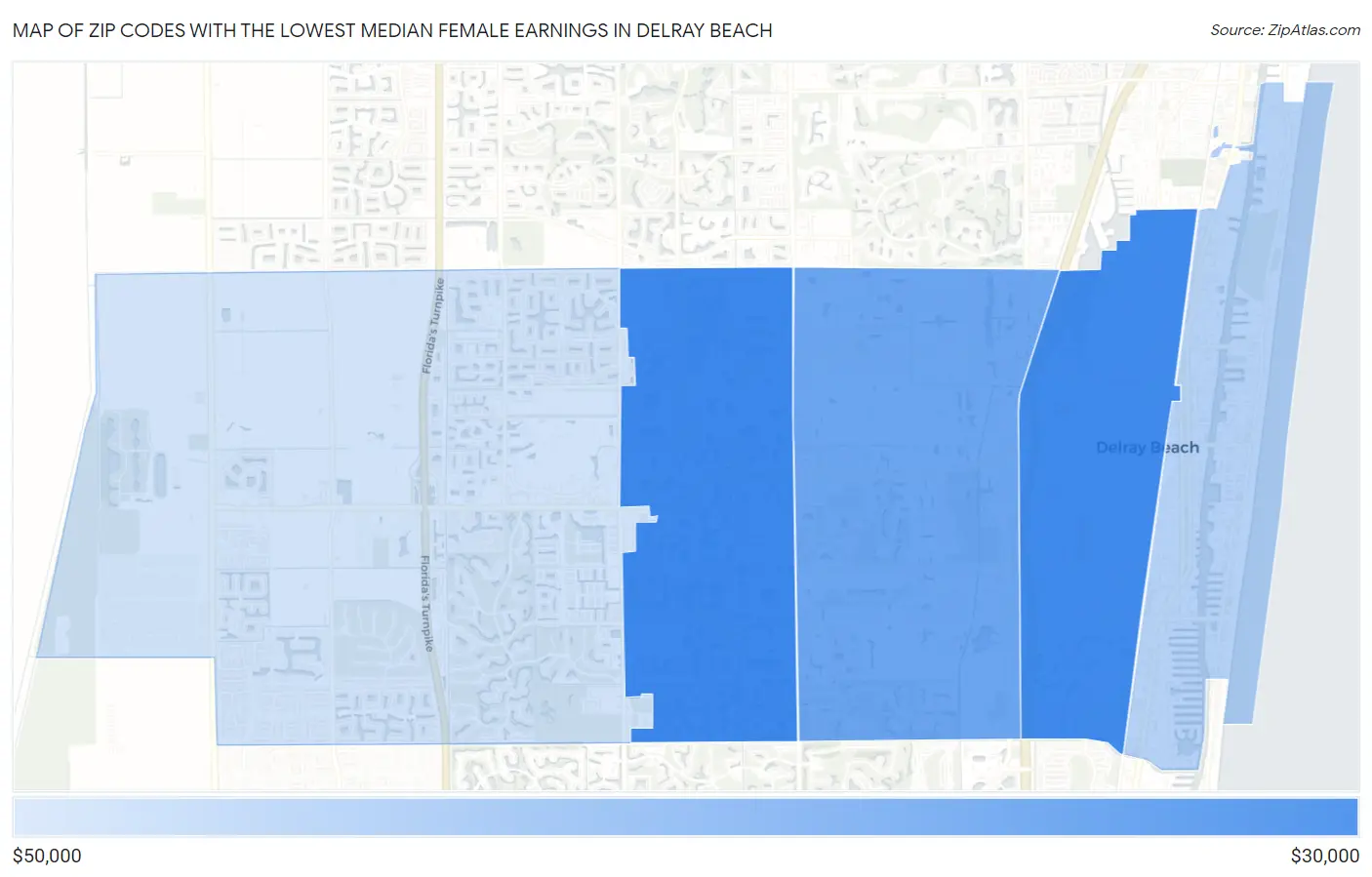 Zip Codes with the Lowest Median Female Earnings in Delray Beach Map