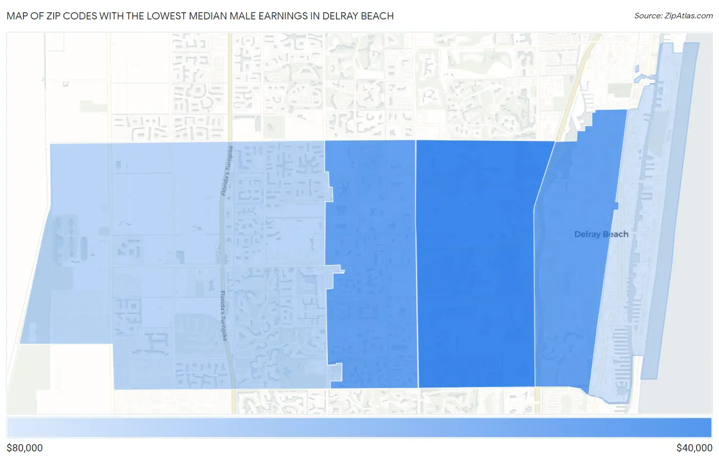 Zip Codes with the Lowest Median Male Earnings in Delray Beach Map