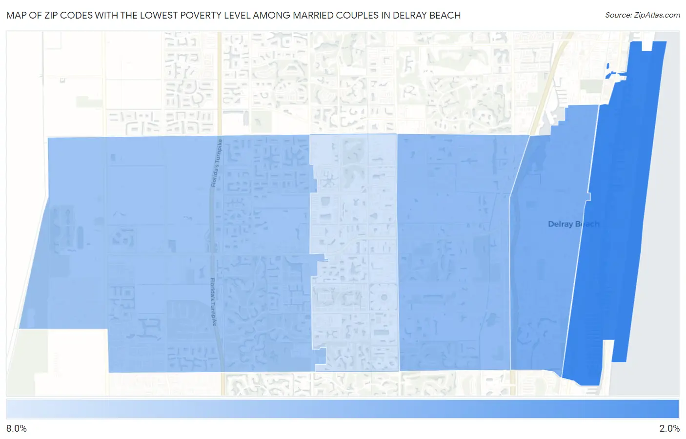 Zip Codes with the Lowest Poverty Level Among Married Couples in Delray Beach Map