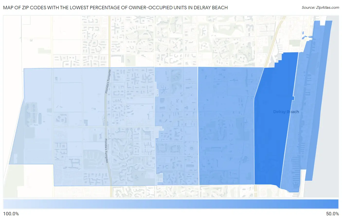 Zip Codes with the Lowest Percentage of Owner-Occupied Units in Delray Beach Map