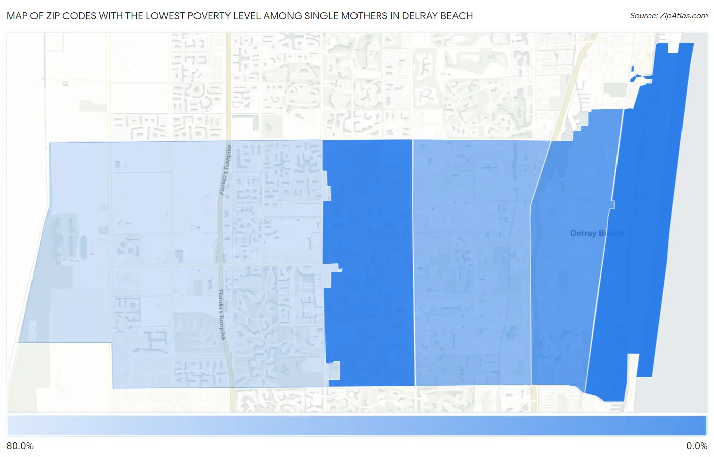 Zip Codes with the Lowest Poverty Level Among Single Mothers in Delray Beach Map