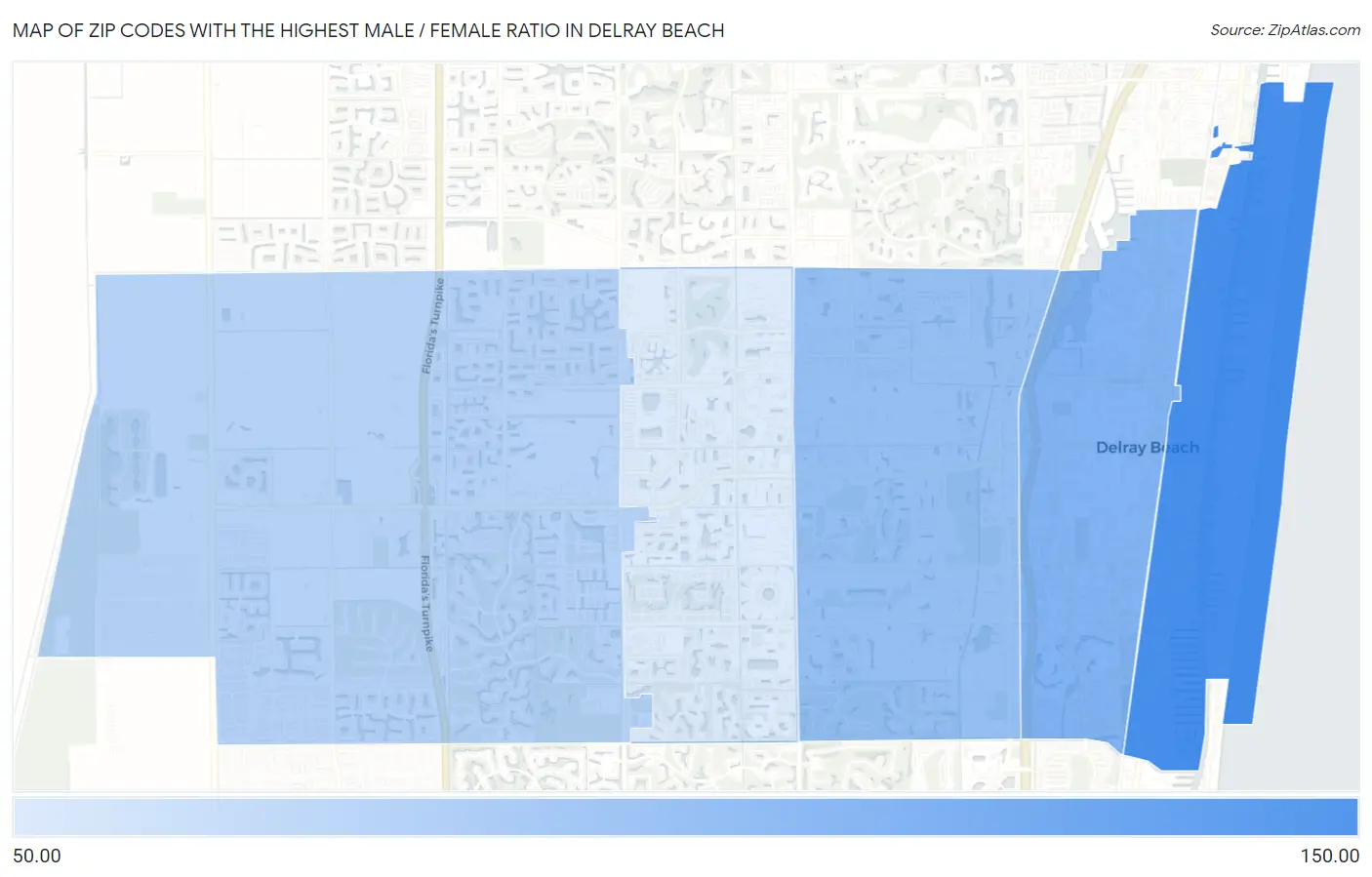 Zip Codes with the Highest Male / Female Ratio in Delray Beach Map