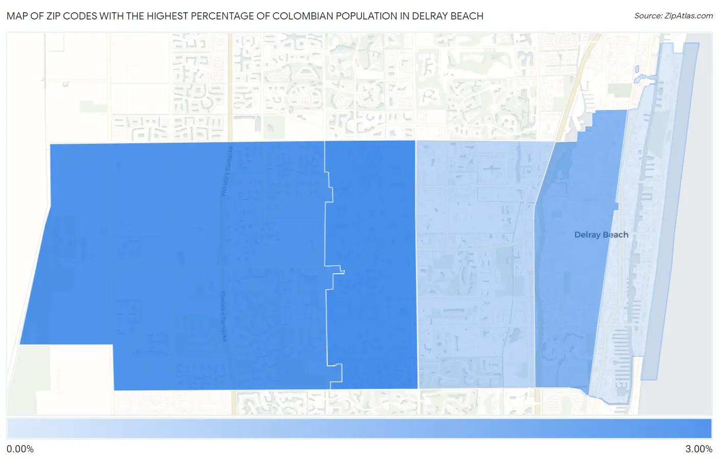 Zip Codes with the Highest Percentage of Colombian Population in Delray Beach Map
