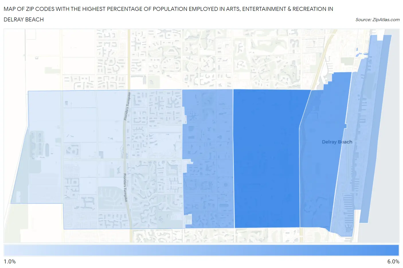 Zip Codes with the Highest Percentage of Population Employed in Arts, Entertainment & Recreation in Delray Beach Map