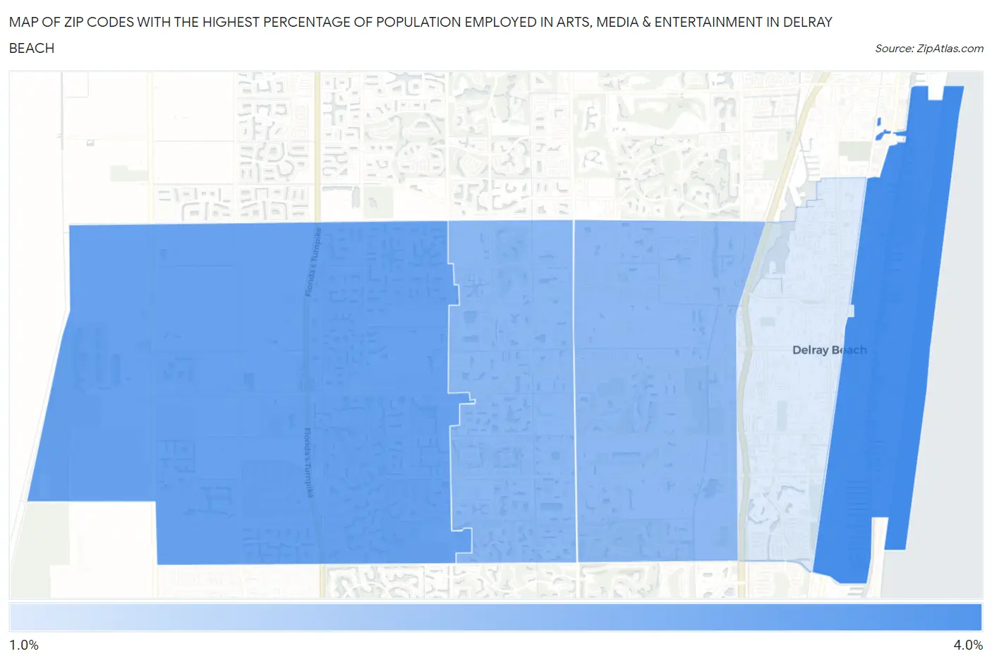 Zip Codes with the Highest Percentage of Population Employed in Arts, Media & Entertainment in Delray Beach Map