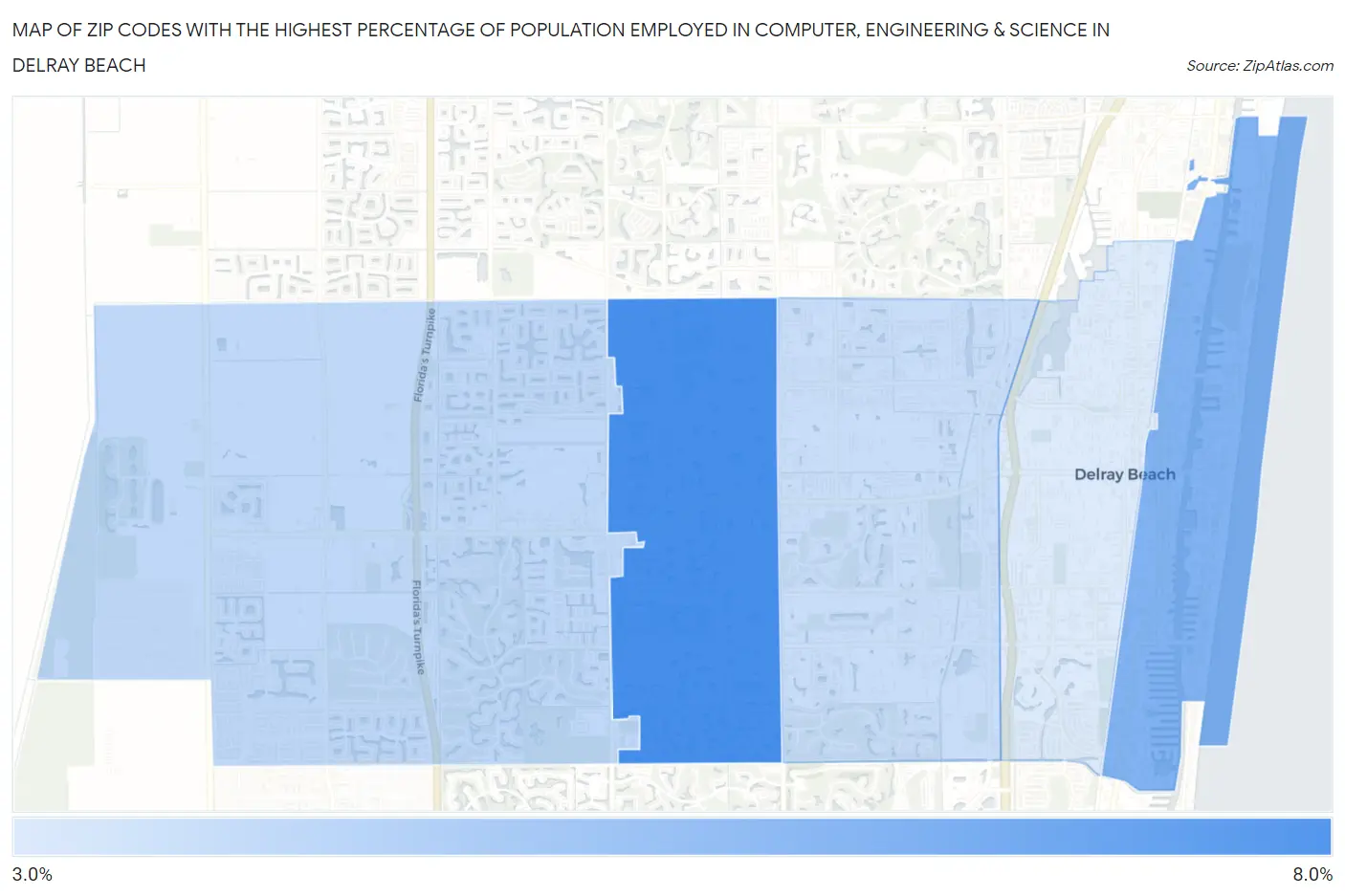 Zip Codes with the Highest Percentage of Population Employed in Computer, Engineering & Science in Delray Beach Map