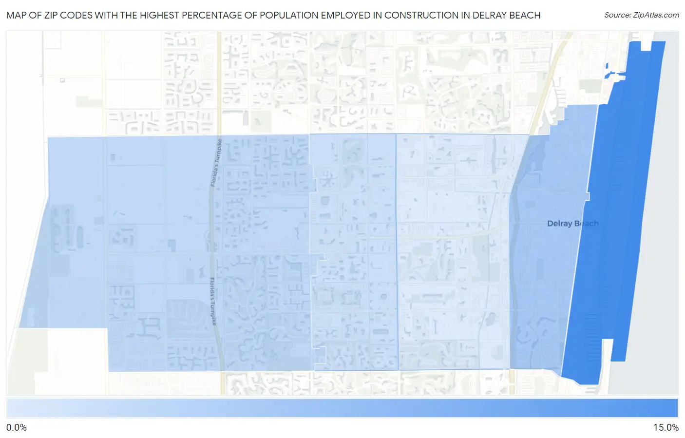 Zip Codes with the Highest Percentage of Population Employed in Construction in Delray Beach Map