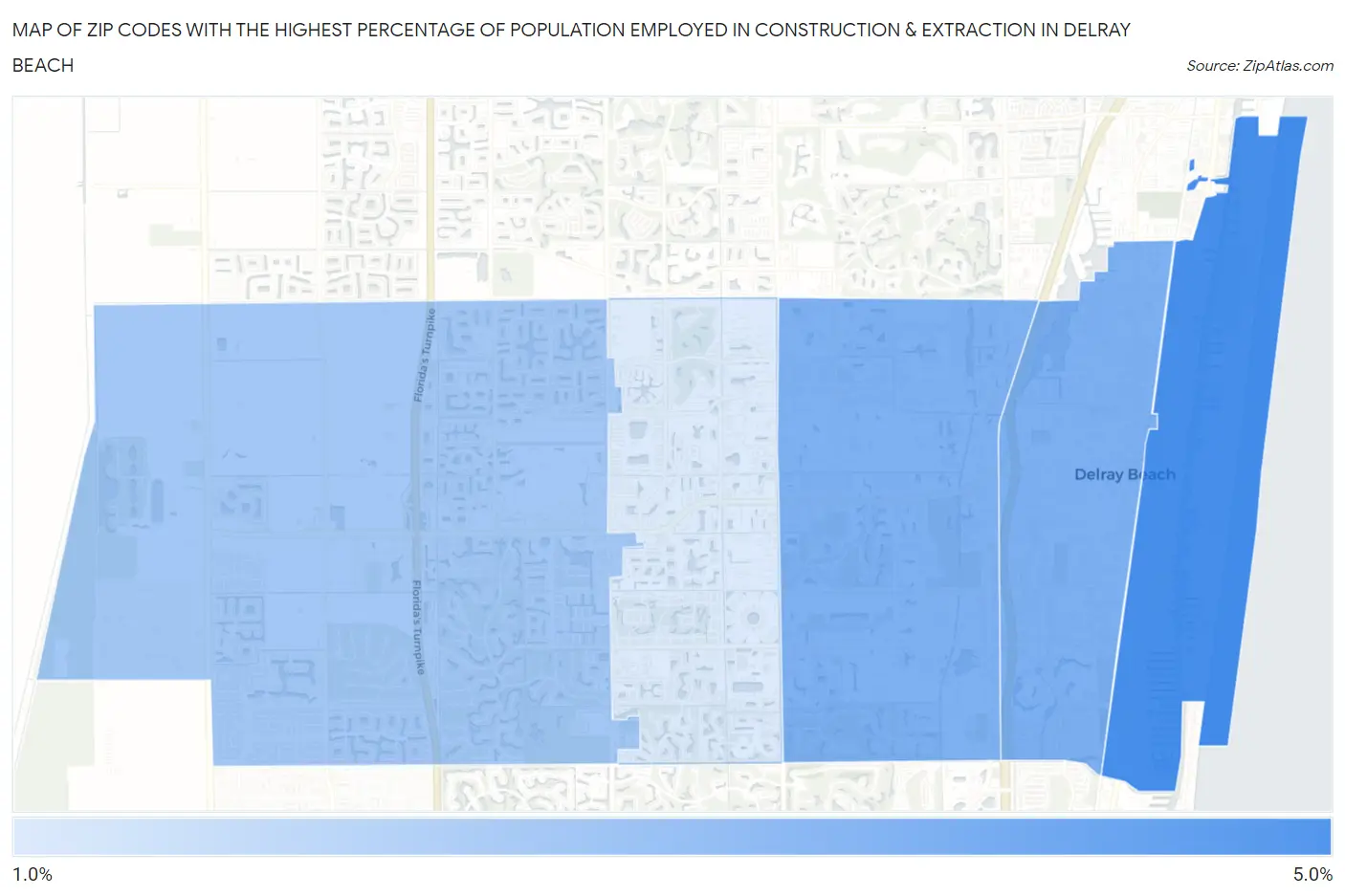 Zip Codes with the Highest Percentage of Population Employed in Construction & Extraction in Delray Beach Map