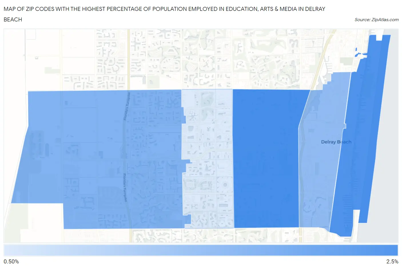 Zip Codes with the Highest Percentage of Population Employed in Education, Arts & Media in Delray Beach Map