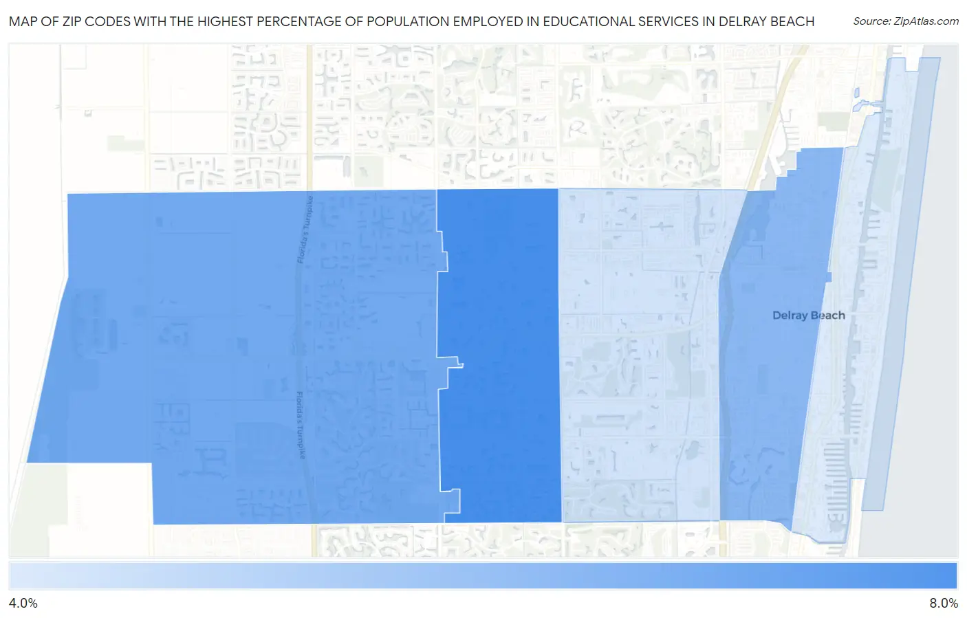 Zip Codes with the Highest Percentage of Population Employed in Educational Services in Delray Beach Map