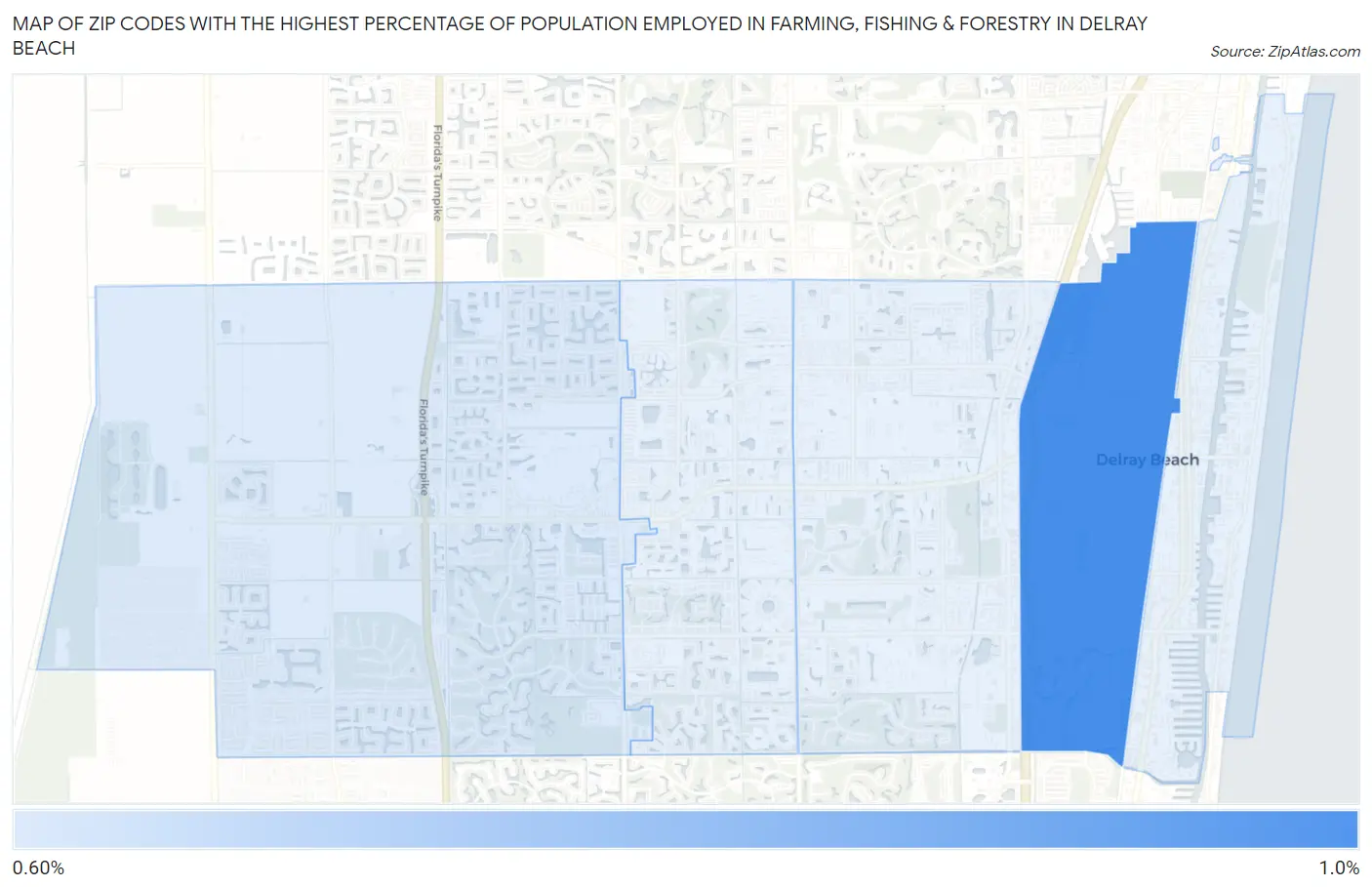 Zip Codes with the Highest Percentage of Population Employed in Farming, Fishing & Forestry in Delray Beach Map