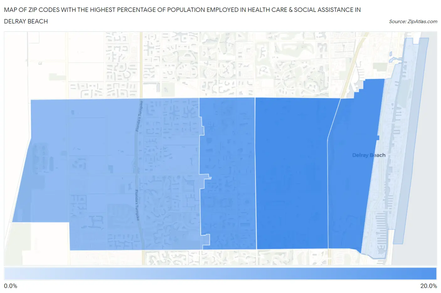 Zip Codes with the Highest Percentage of Population Employed in Health Care & Social Assistance in Delray Beach Map