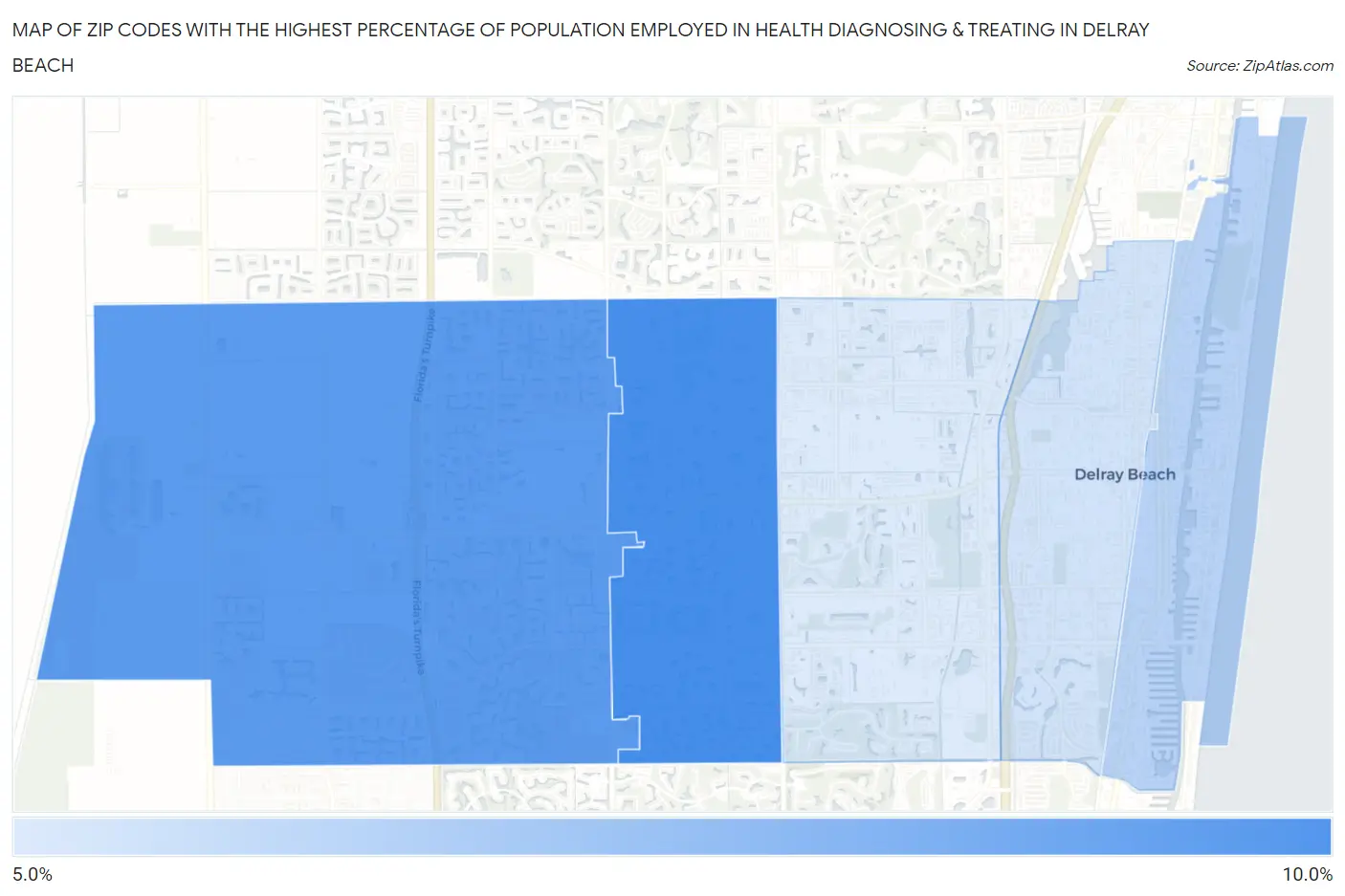 Zip Codes with the Highest Percentage of Population Employed in Health Diagnosing & Treating in Delray Beach Map