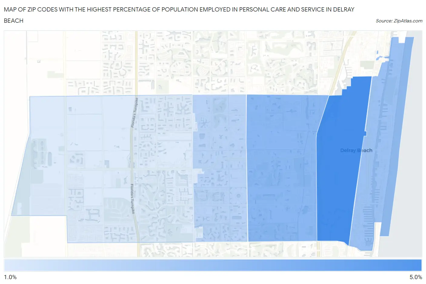 Zip Codes with the Highest Percentage of Population Employed in Personal Care and Service in Delray Beach Map
