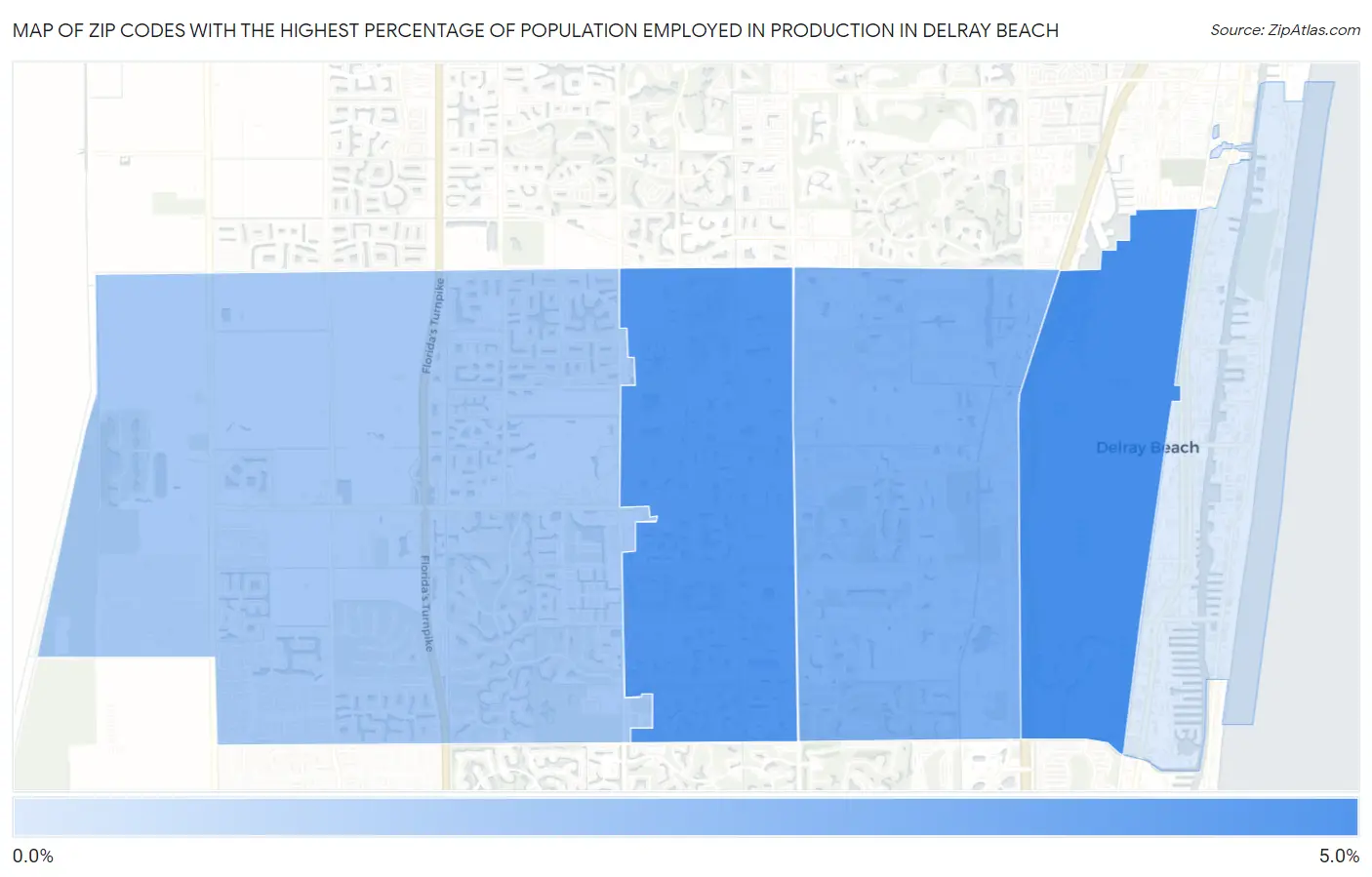 Zip Codes with the Highest Percentage of Population Employed in Production in Delray Beach Map