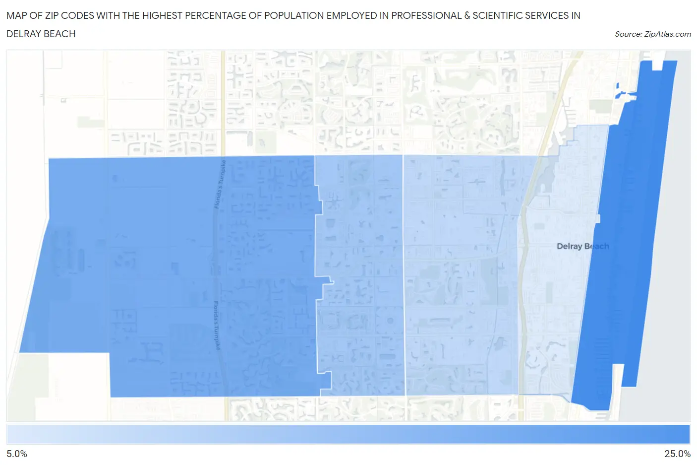 Zip Codes with the Highest Percentage of Population Employed in Professional & Scientific Services in Delray Beach Map
