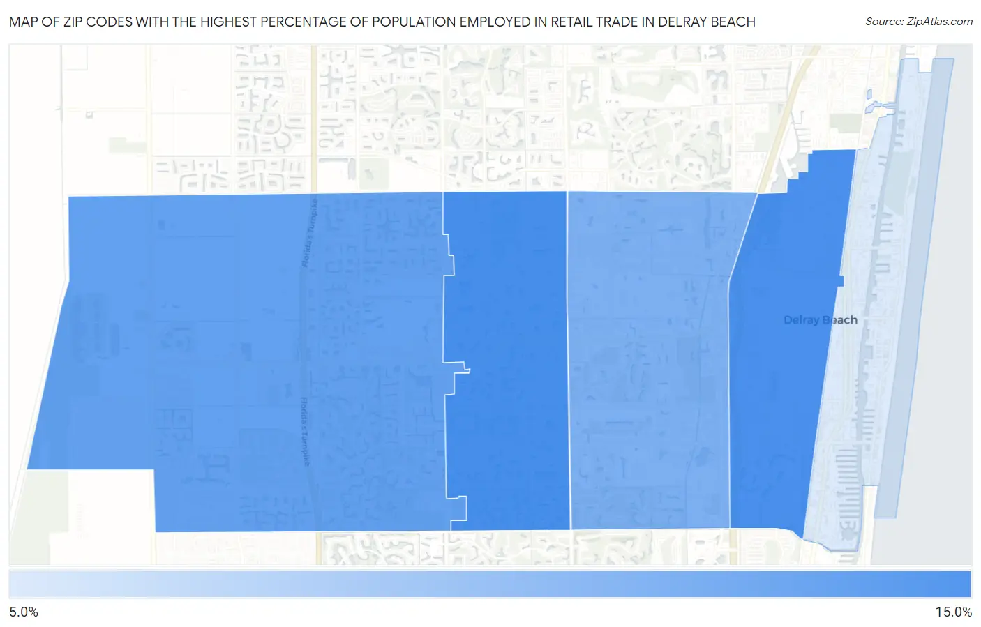 Zip Codes with the Highest Percentage of Population Employed in Retail Trade in Delray Beach Map