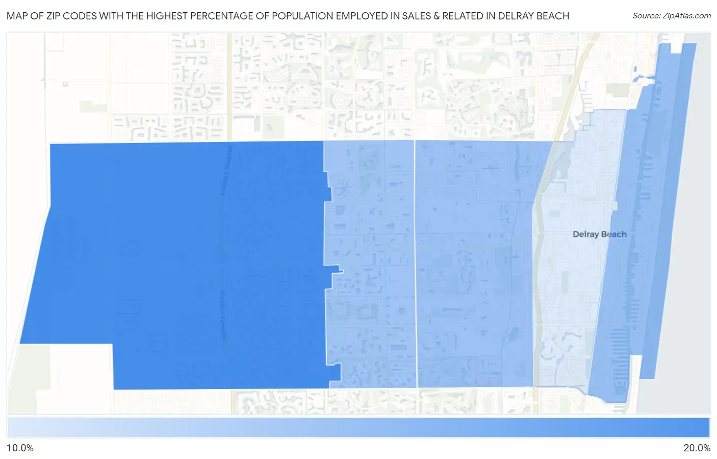 Zip Codes with the Highest Percentage of Population Employed in Sales & Related in Delray Beach Map