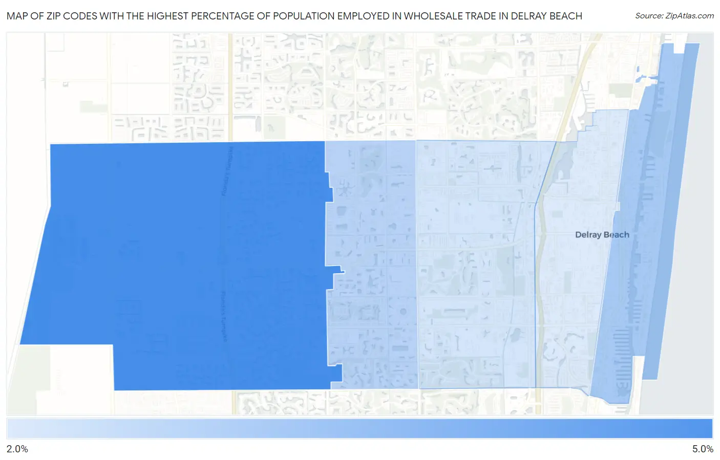 Zip Codes with the Highest Percentage of Population Employed in Wholesale Trade in Delray Beach Map