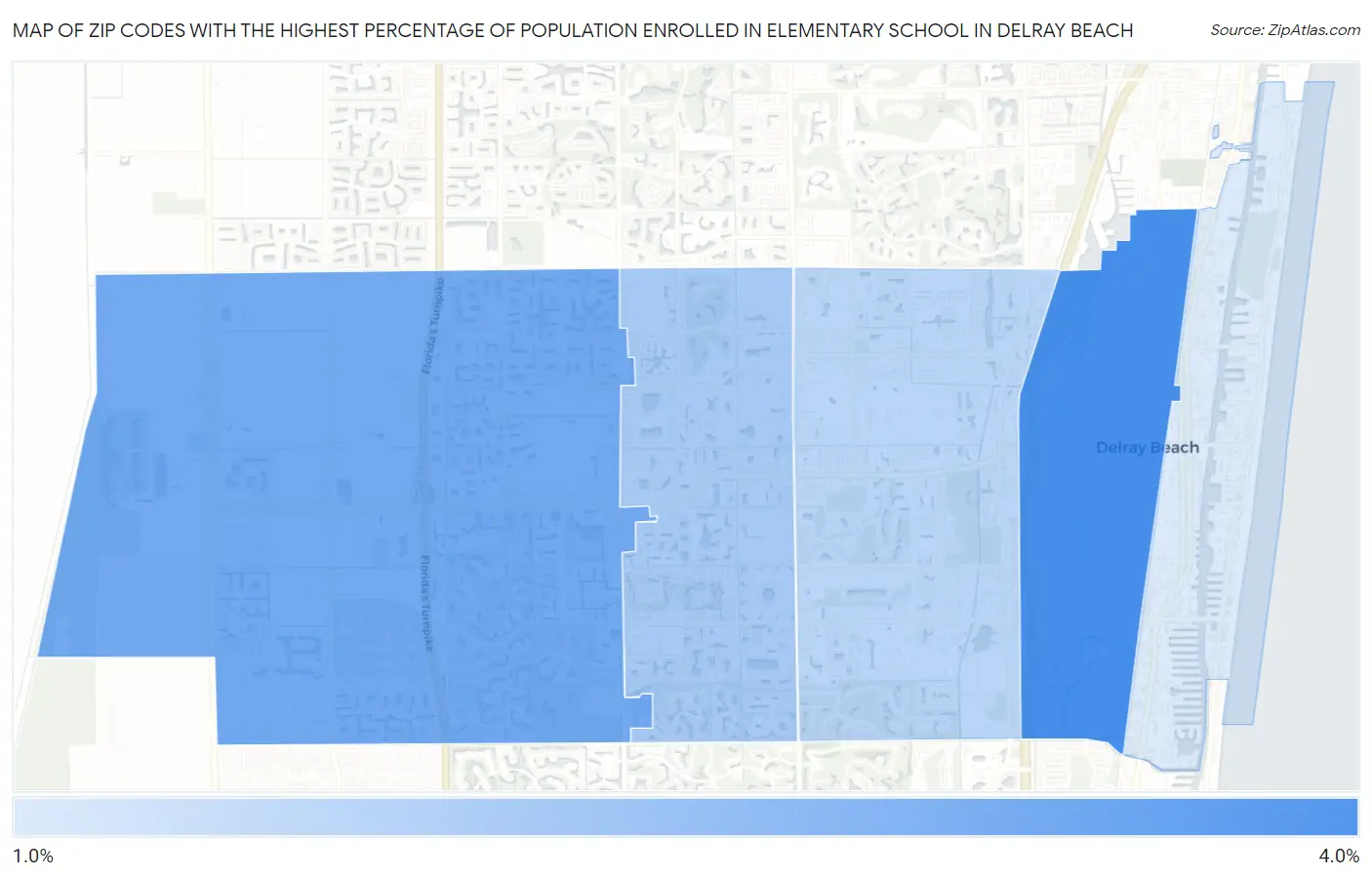 Zip Codes with the Highest Percentage of Population Enrolled in Elementary School in Delray Beach Map