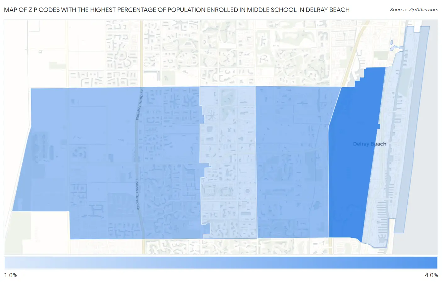 Zip Codes with the Highest Percentage of Population Enrolled in Middle School in Delray Beach Map