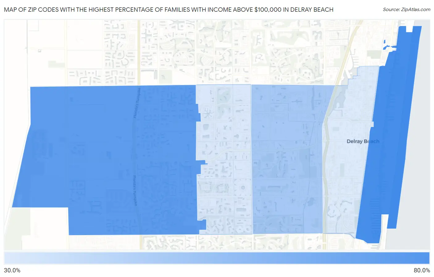 Zip Codes with the Highest Percentage of Families with Income Above $100,000 in Delray Beach Map