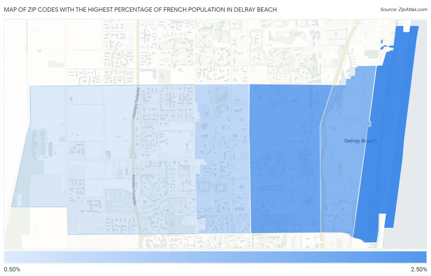 Zip Codes with the Highest Percentage of French Population in Delray Beach Map