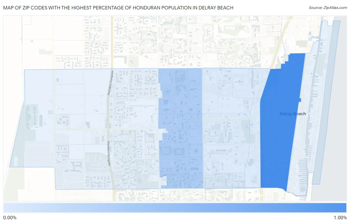 Zip Codes with the Highest Percentage of Honduran Population in Delray Beach Map