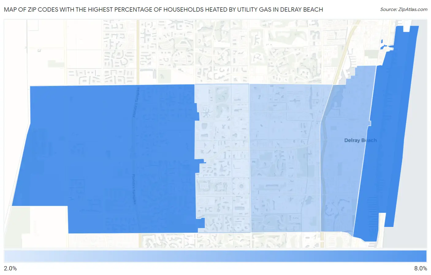 Zip Codes with the Highest Percentage of Households Heated by Utility Gas in Delray Beach Map
