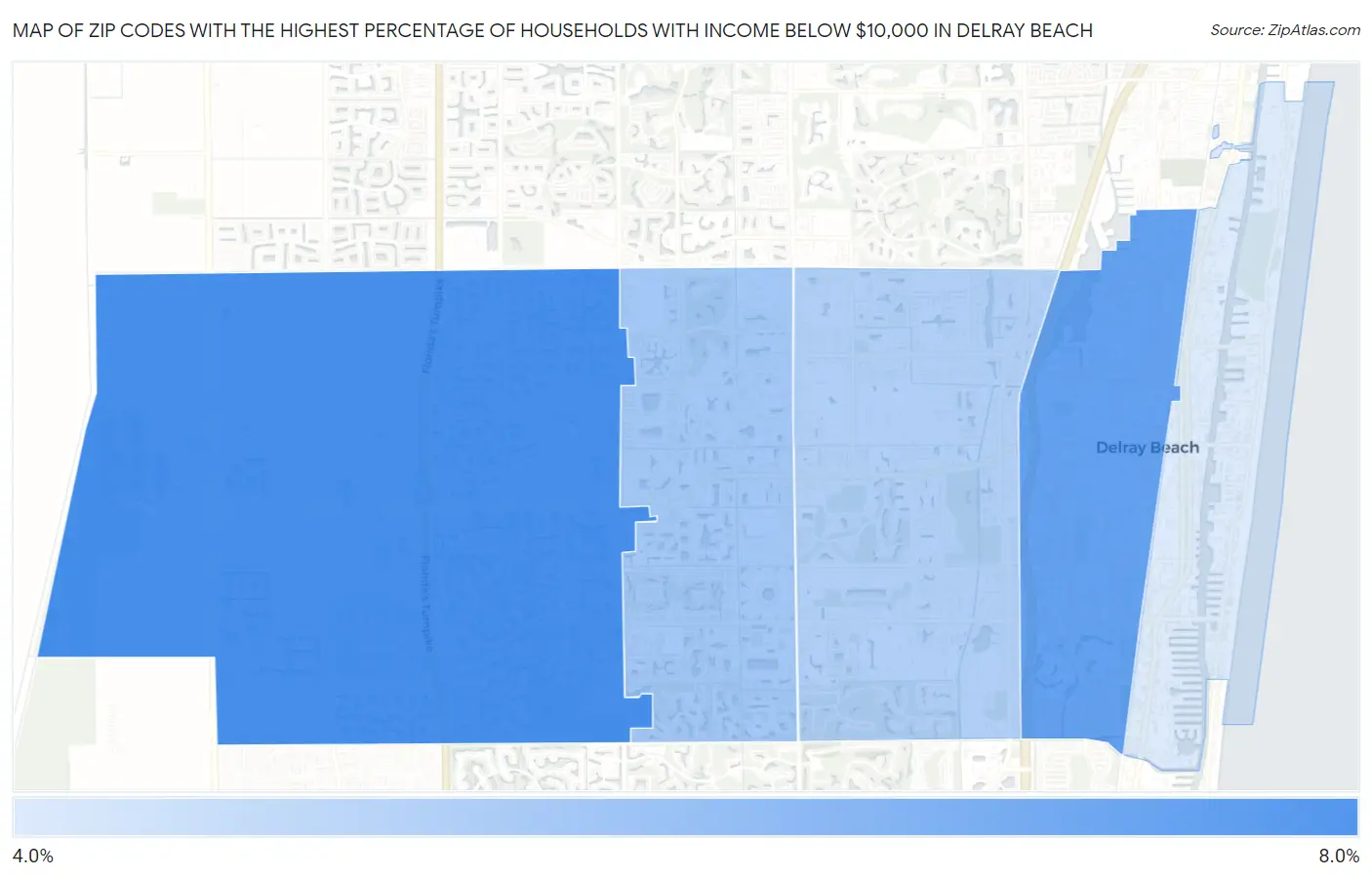 Zip Codes with the Highest Percentage of Households with Income Below $10,000 in Delray Beach Map