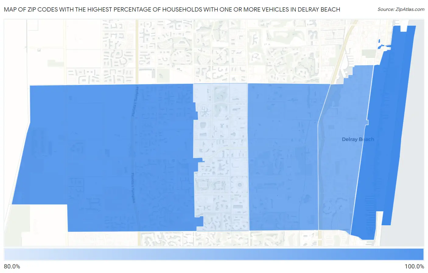 Zip Codes with the Highest Percentage of Households With One or more Vehicles in Delray Beach Map