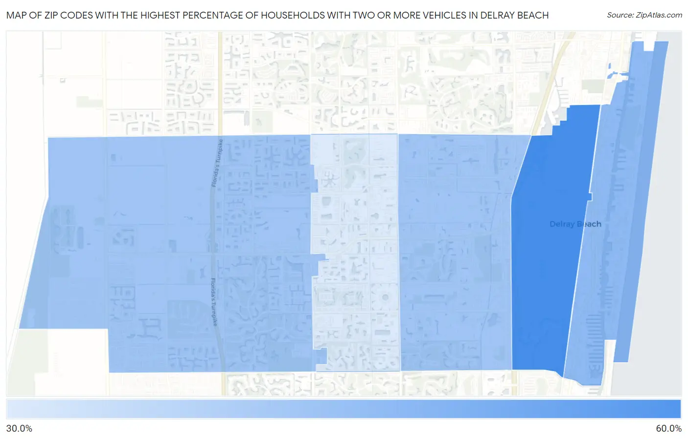 Zip Codes with the Highest Percentage of Households With Two or more Vehicles in Delray Beach Map