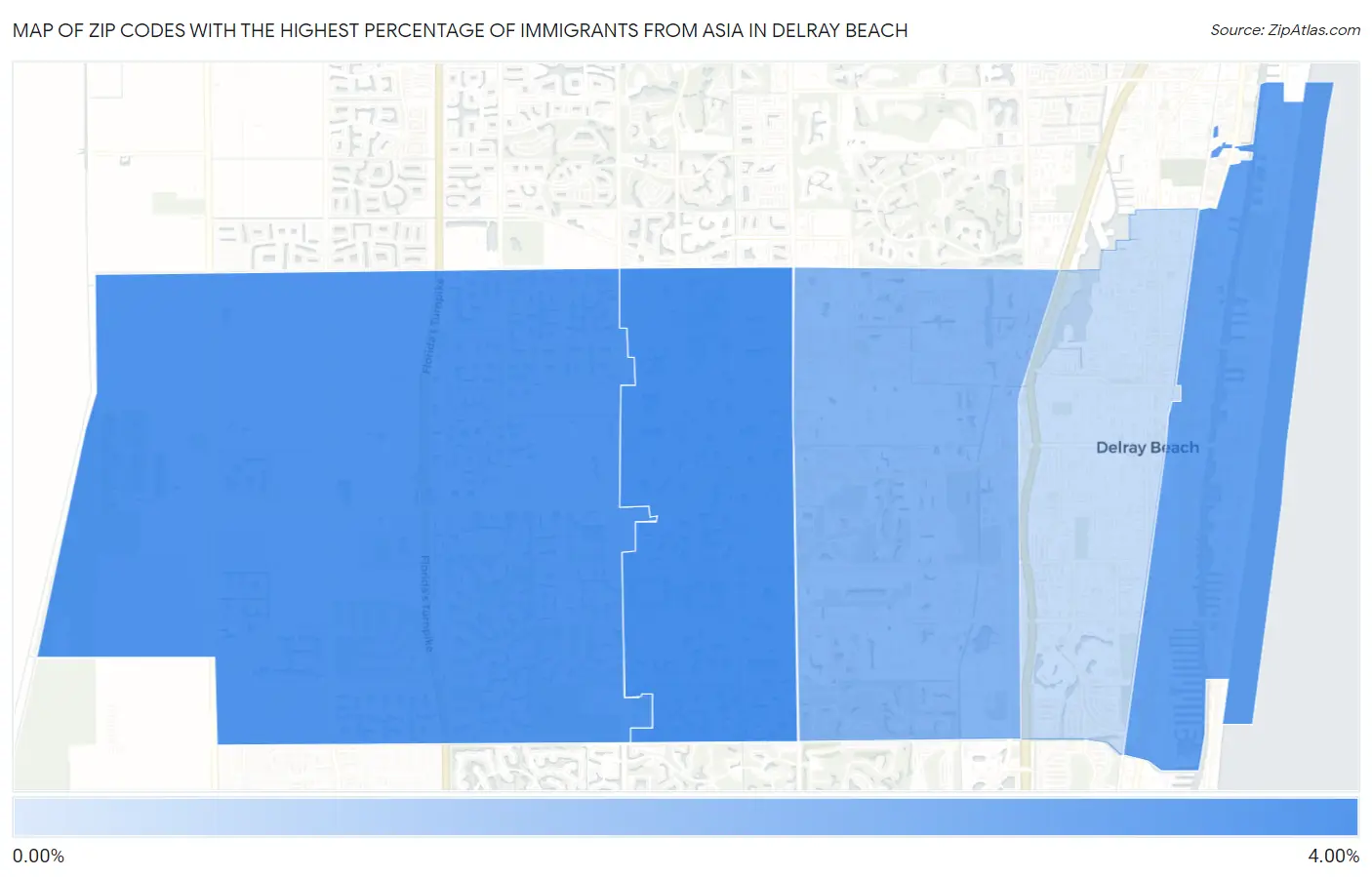 Zip Codes with the Highest Percentage of Immigrants from Asia in Delray Beach Map