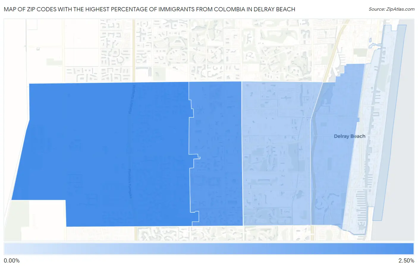 Zip Codes with the Highest Percentage of Immigrants from Colombia in Delray Beach Map