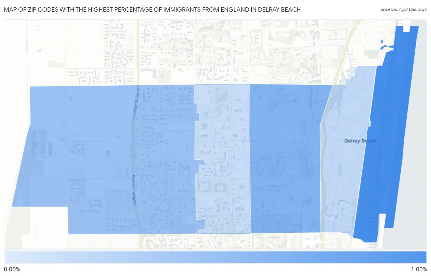Zip Codes with the Highest Percentage of Immigrants from England in Delray Beach Map