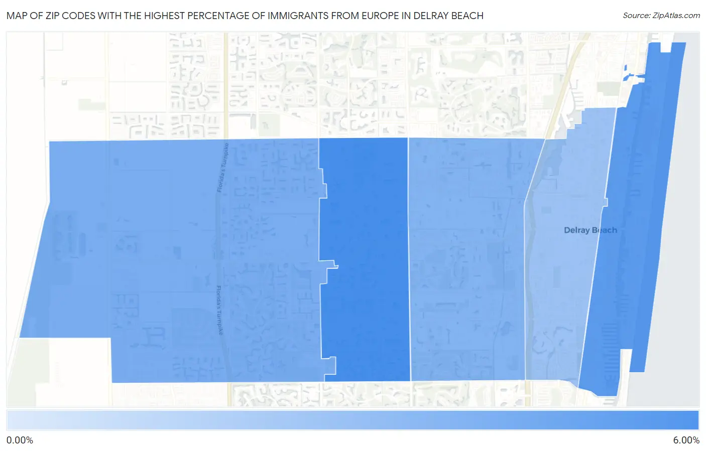 Zip Codes with the Highest Percentage of Immigrants from Europe in Delray Beach Map