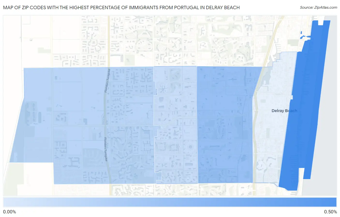 Zip Codes with the Highest Percentage of Immigrants from Portugal in Delray Beach Map